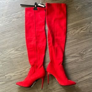 High knee red boots velvet